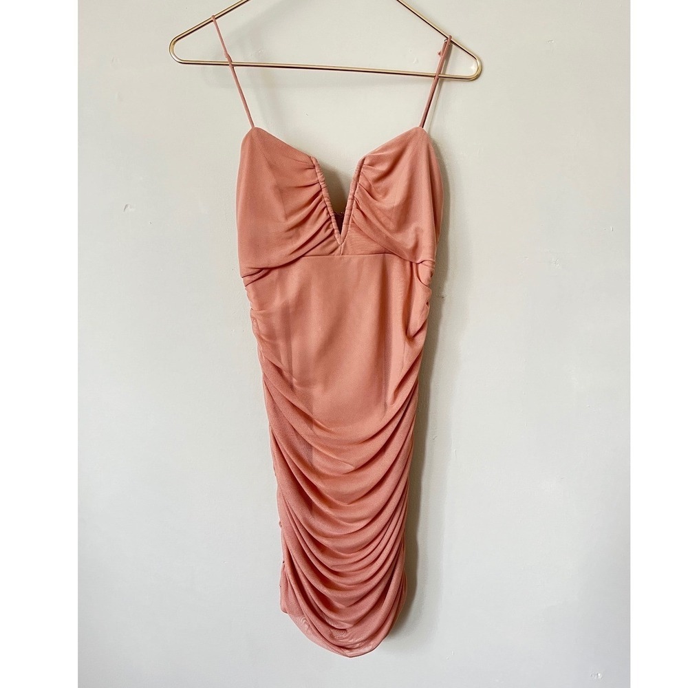 Blush B.J. Ruched Bodycon Mini Dress Neutral peach V-Neck NWT Small